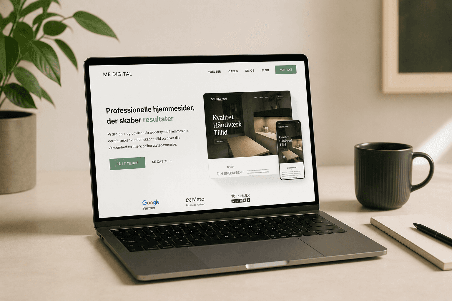 Professionel hjemmeside på laptop med moderne webdesign til virksomheder.