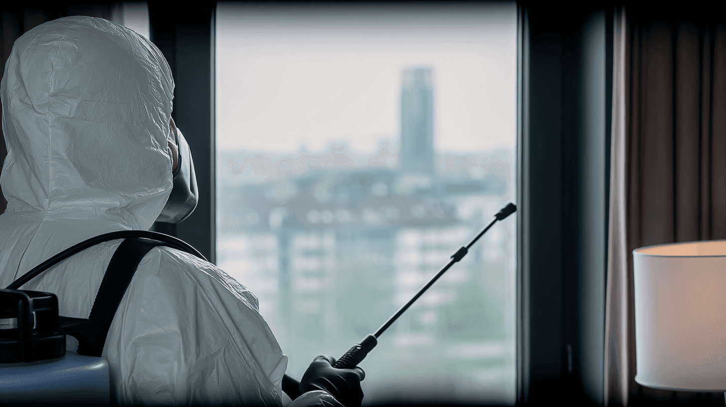 Pest control technician in protective suit performing a spray treatment with a backpack sprayer