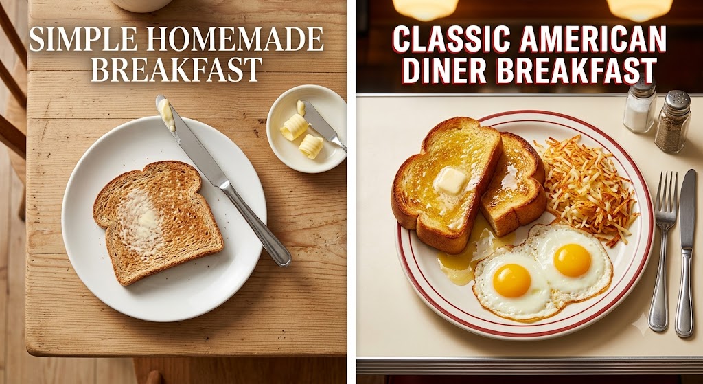 An overhead comparison shot with the headline 'SIMPLE HOMEMADE BREAKFAST' showing a plate of dry wheat toast on a rustic wooden table next to the headline 'CLASSIC AMERICAN DINER BREAKFAST' showing a hearty plate of buttered toast, fried eggs, and hash browns on a chrome diner counter.