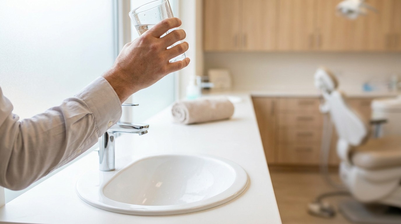 A person rinses gently with water at a bright bathroom sink as a first-aid step for a cracked molar.