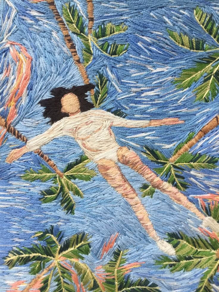 Embroidered artwork of a woman flying among palm trees — symbolizing Natasha Huseiva’s entrepreneurial journey in Sri Lanka.