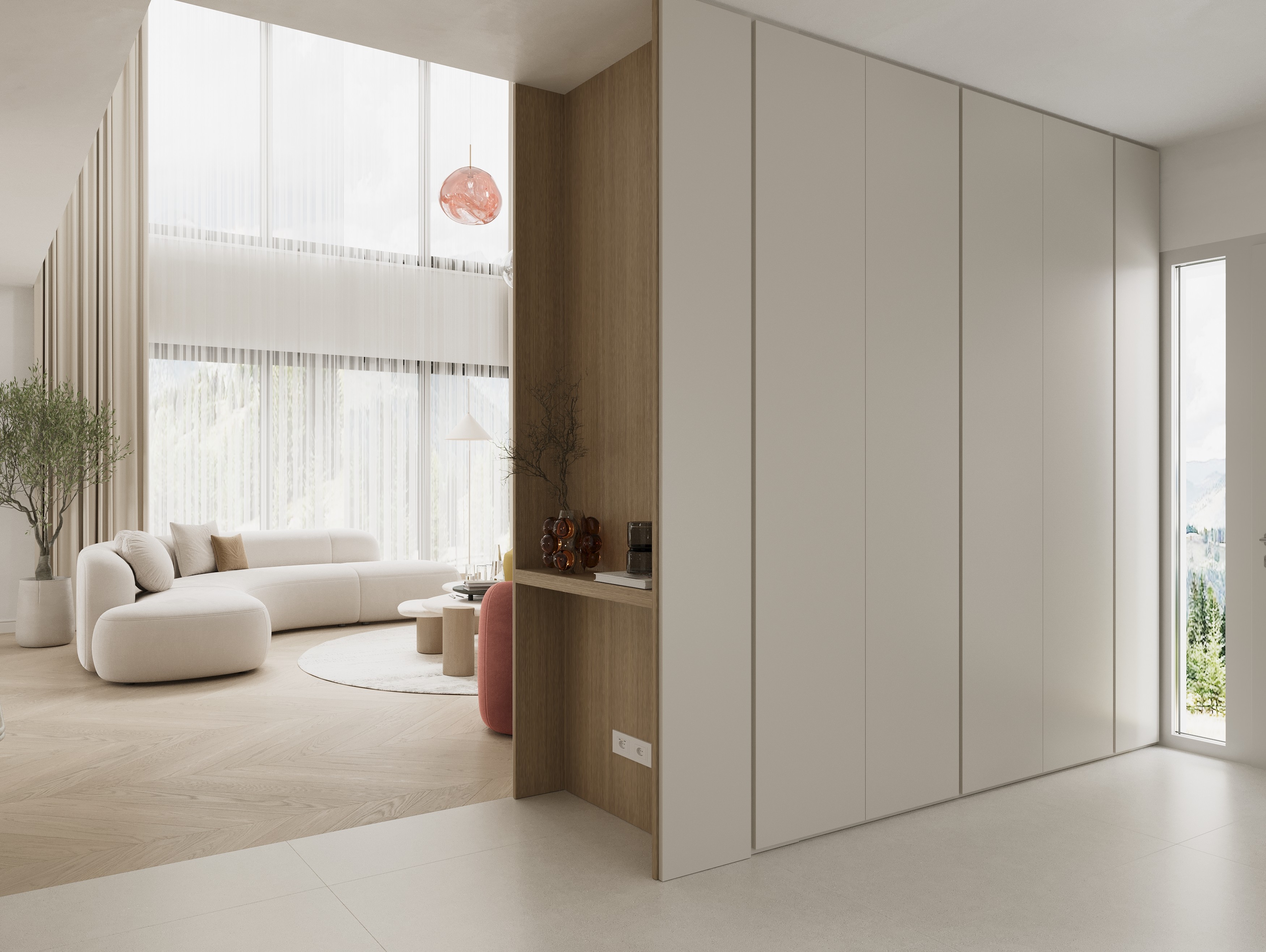 a living room with a couch and a table