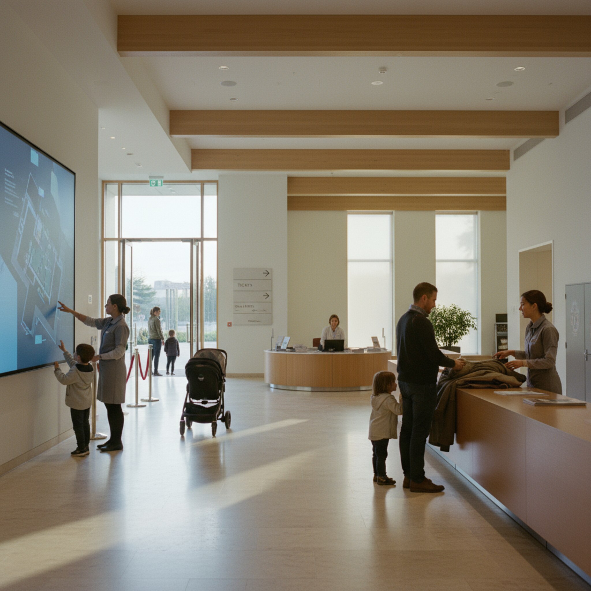 Ein lichtdurchflutetes Museumfoyer am Vormittag. Familien betreten ruhig den Eingangsbereich, Kinder zeigen auf einen großen Übersichtsplan. Jacken werden abgelegt, Stimmen hallen leise im hohen Raum. Eine Mitarbeiterin öffnet die Kordeln der Einlasslinie, während die Sonne warme Streifen auf den Boden zeichnet.