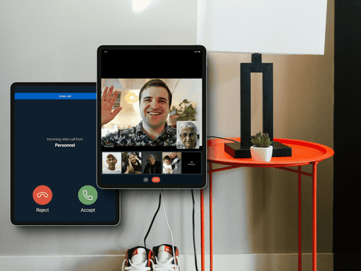 Mockup of two devices, screens showcasing incoming call and an ongoing call. Background of an hallway.