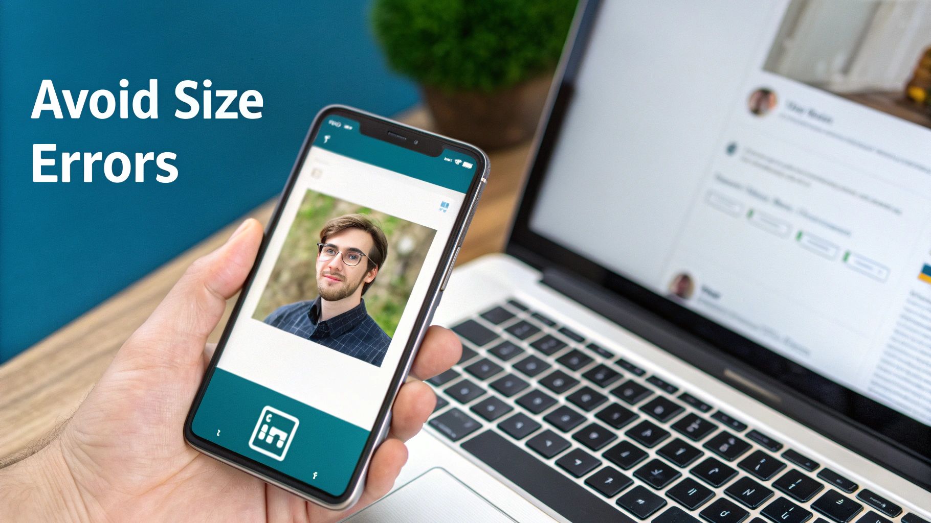 Hand holding smartphone displaying a man's LinkedIn profile picture next to a laptop. Text: Avoid Size Errors.