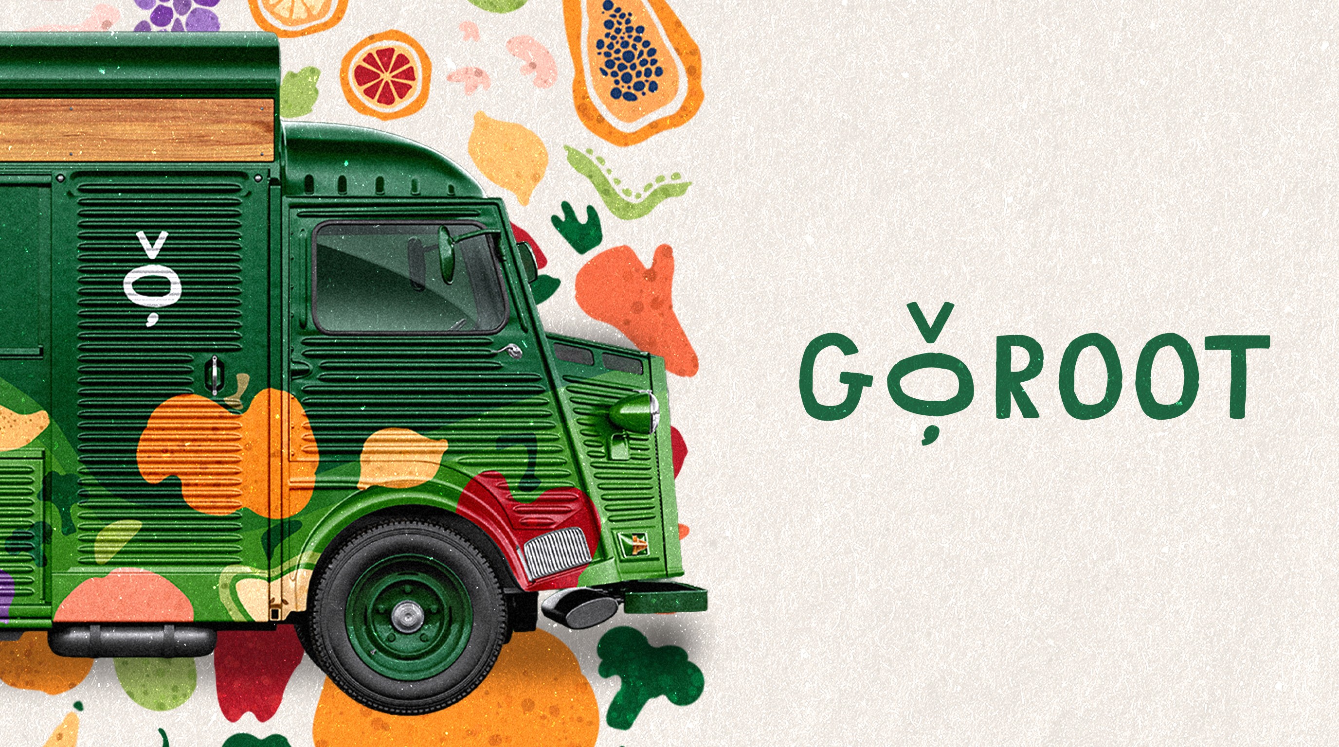 Goroot wordmark centred on a hand-drawn pattern of fruits and vegetables