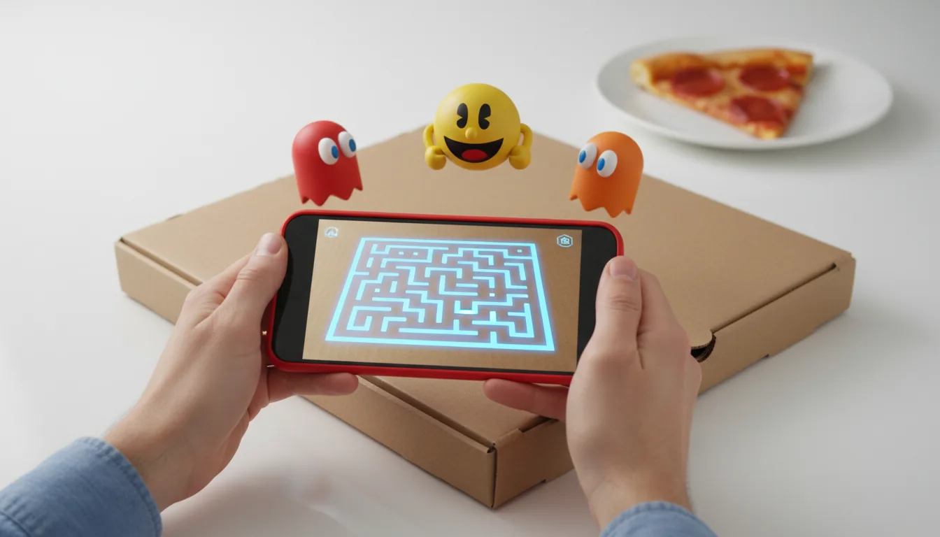 DSLR photography of an augmented reality gaming advertisement, captured with bright, even studio lighting. A person holds a red smartphone, its screen displaying an AR view of a glowing blue digital maze overlaid onto a real-world cardboard pizza box. On the white table, vibrant 3D renders of a yellow Pac-Man character and red and orange ghosts appear to be interacting with the pizza box. In the background, a slice of pizza on a white plate sits with a soft bokeh effect. The image has a clean, high-tech, commercial feel with sharp focus on the phone screen and the AR characters.
