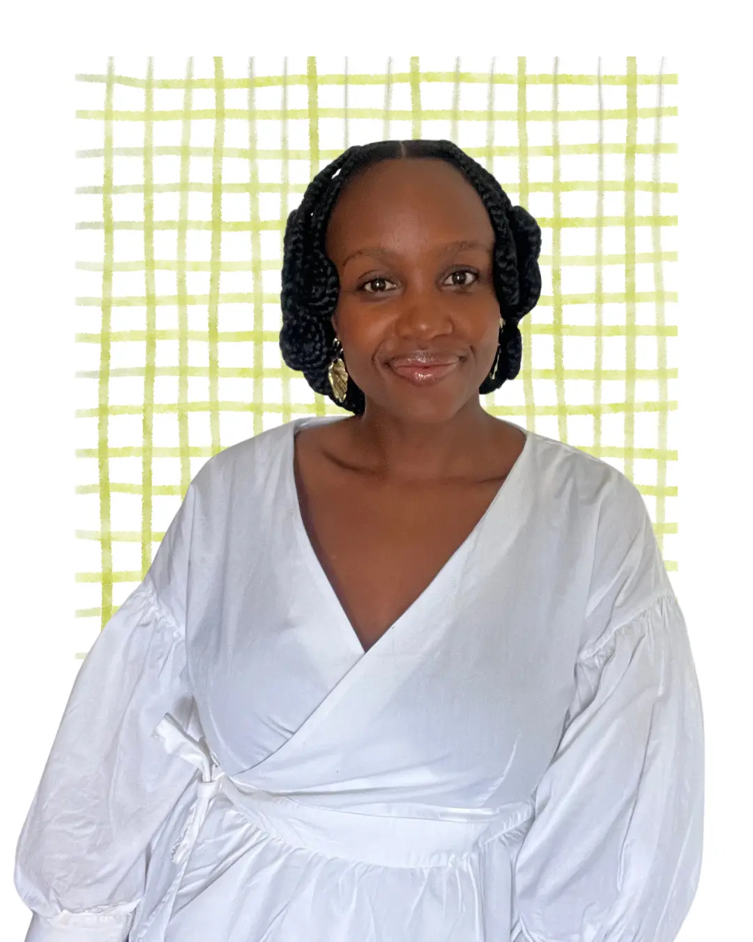 Image of Waggs Design Studio Founder smiling with a green grid background