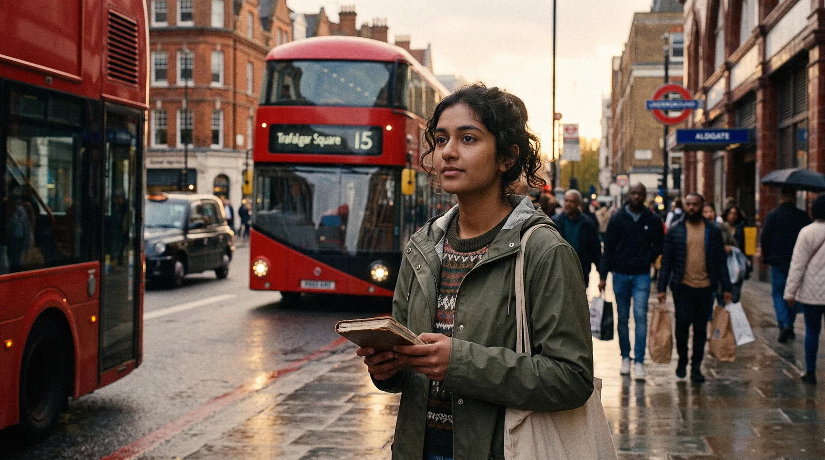 Young migrant woman with notebook standing near Aldgate Underground in London with red bus to Trafalgar Square