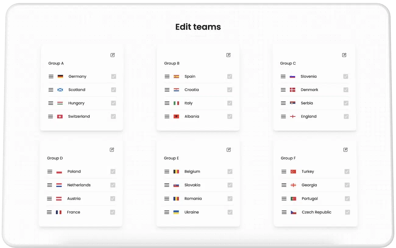 Ein Mockup, das die in Gruppen teilnehmenden Teams an einem Turnier mit CoachingArea anzeigt. Die Oberfläche ermöglicht eine einfache Anpassung der Teamnamen und Logos sowie das Verschieben per Drag-and-Drop-Funktionalität. Gastgeber können Zeit sparen, indem sie Teams zum Turnier einladen, was eine automatische Integration der Teamnamen und Logos in die Gruppen ermöglicht. Dadurch entfällt die Notwendigkeit für manuelle Logo-Downloads und -Uploads, was den Planungsprozess des Turniers optimiert.