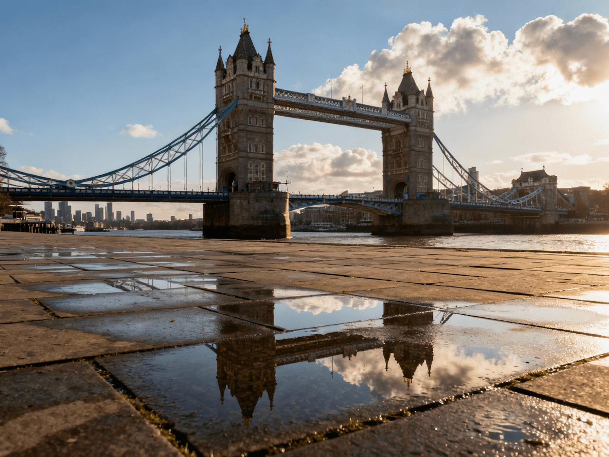 Historic bridge infrastructure reflected across urban waterfront surface