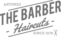 Vintage-style barber shop logo with decorative script and scissors graphic.