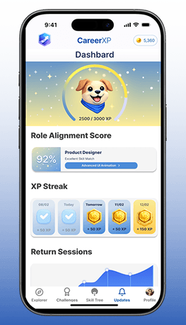 Confident woman in a tan suit holding a resume in a bright office, with colleagues working in the background.