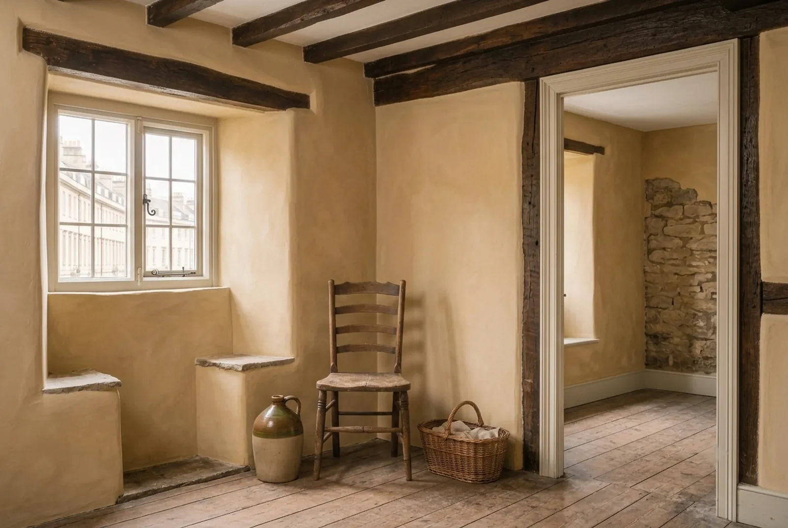 The same cottage room after: soft, cloudy ochre limewash with the beams cleaned