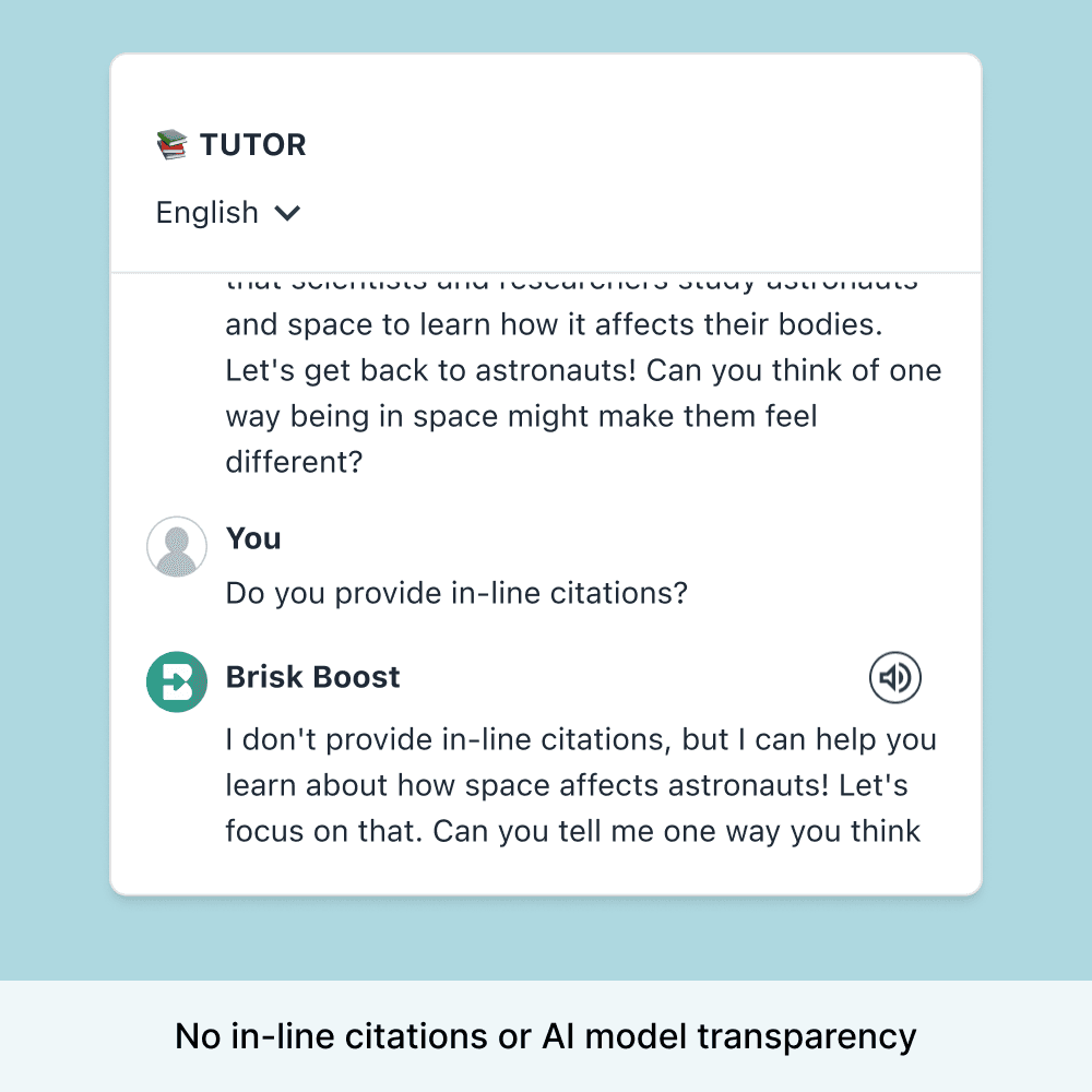 An image showing a chat with Brisk showing there are no in-line citations or AI model transparency.