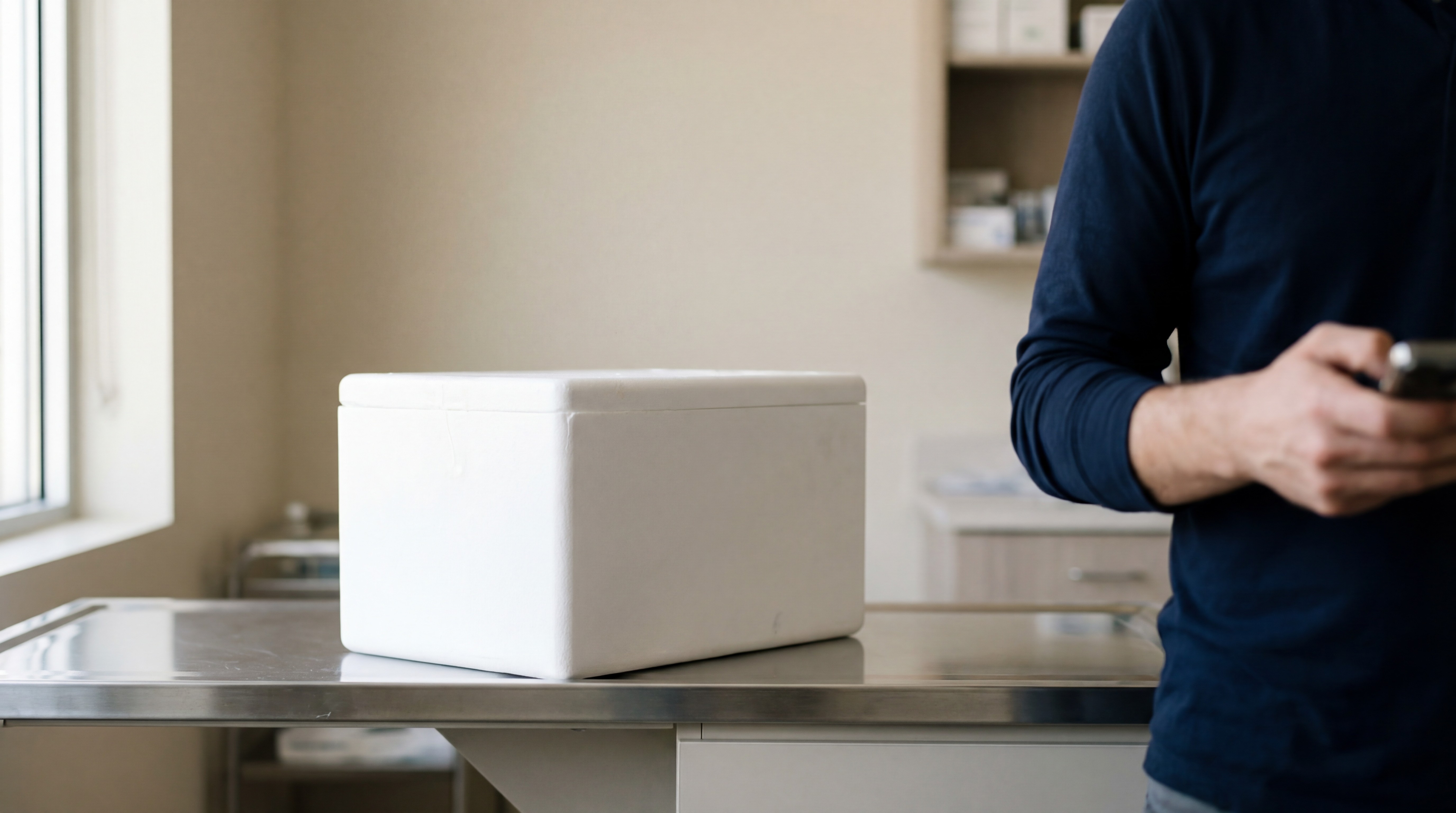 A healthcare professional holds a smartphone while standing beside a sealed temperature-controlled shipping container on a clinical receiving counter, representing the combination of hardware and software in cold chain control.