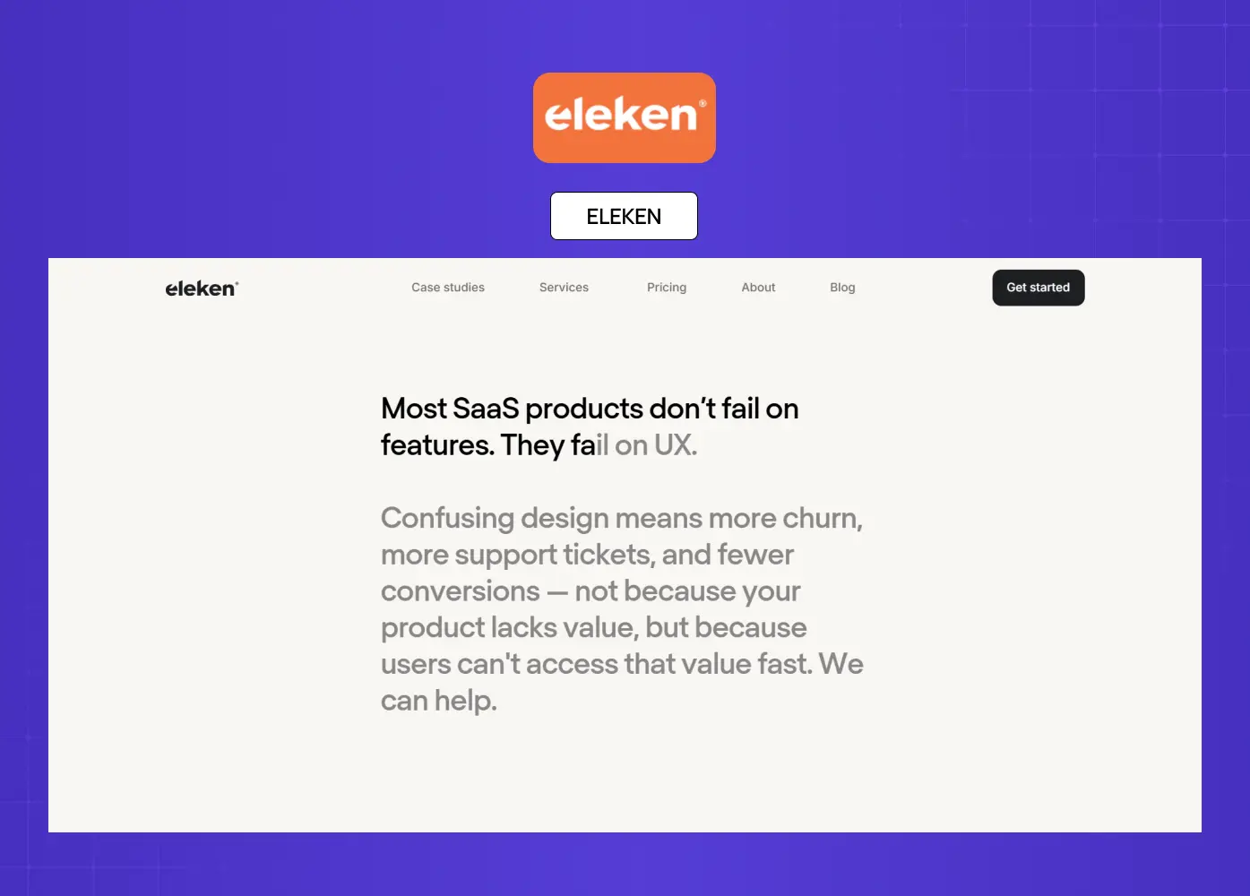 Eleken SaaS UX agency homepage focused on simplifying product usability with minimalist layouts, soft typography, and conversion-focused messaging.