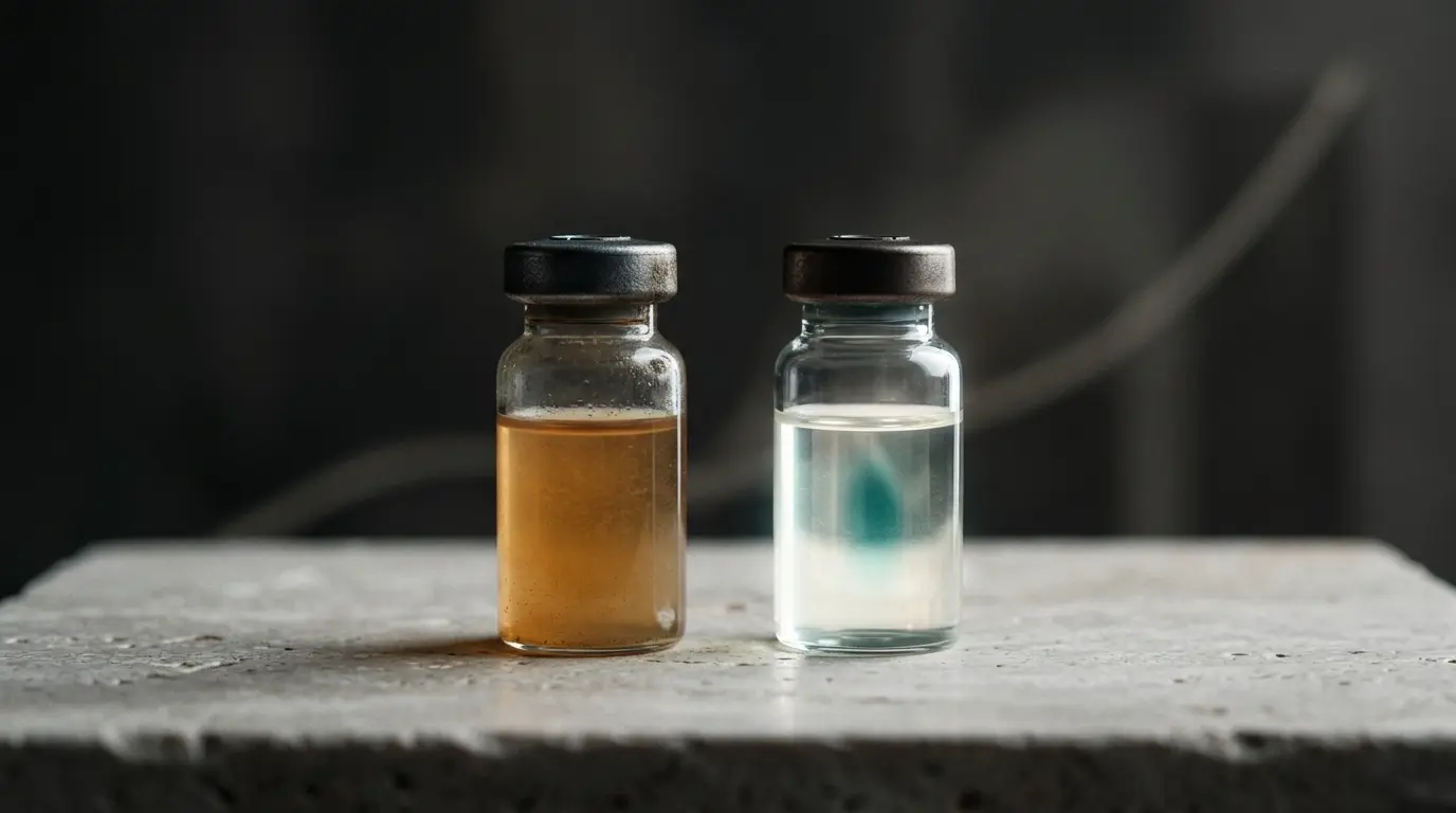 wo serum vials side by side, one ordinary and sparse, one concentrated and glowing, illustrating PRP versus lab-grade hair growth factors