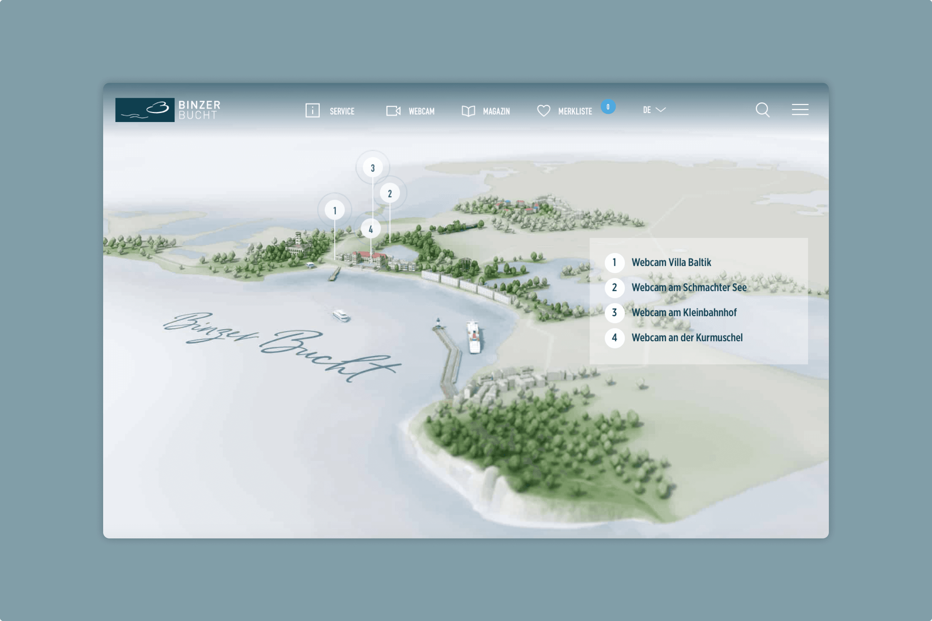 Interactive map of Binzer Bucht with marked webcams.