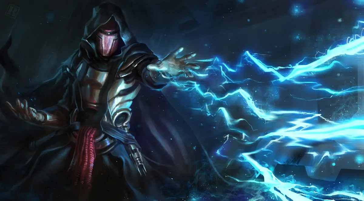 Darth Revan in his Mandalorian mask wearing his trademark black robes while shooting Force lightning out of his hands