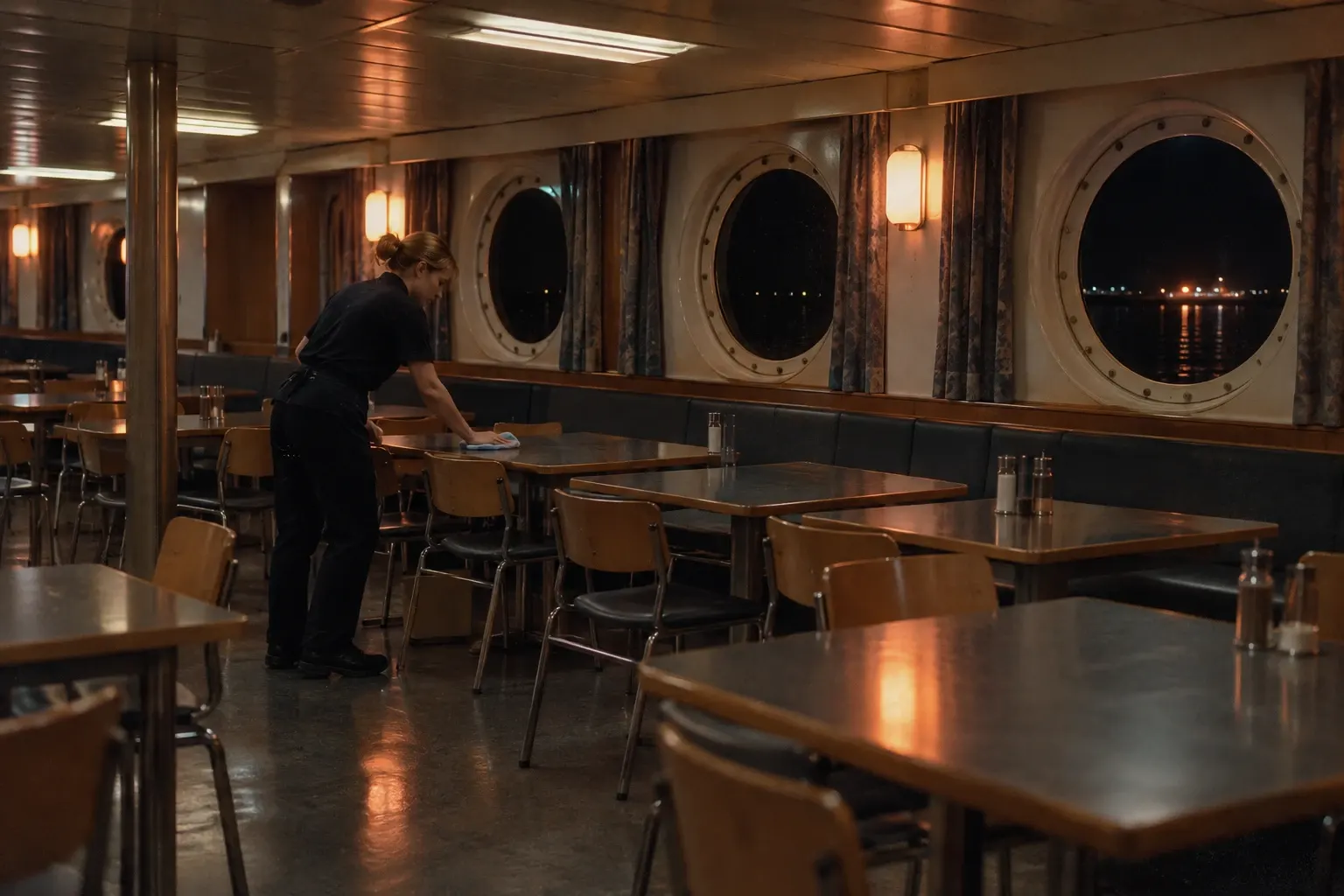 A ferry cafeteria at night, a worker wiping tables, with porthole windows.
