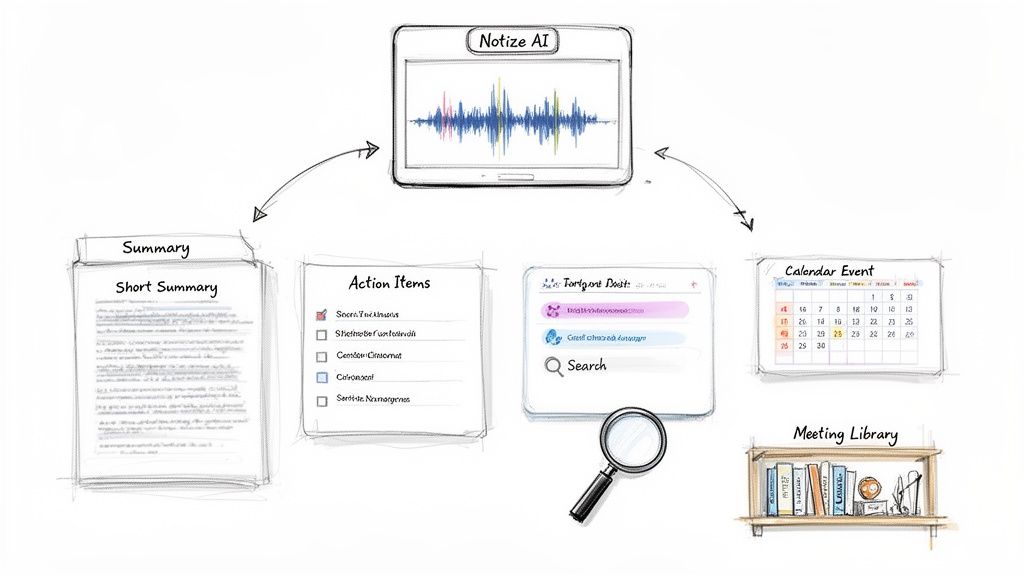 Notize AI system transcribes audio into summaries, action items, calendar events, and a searchable meeting library.