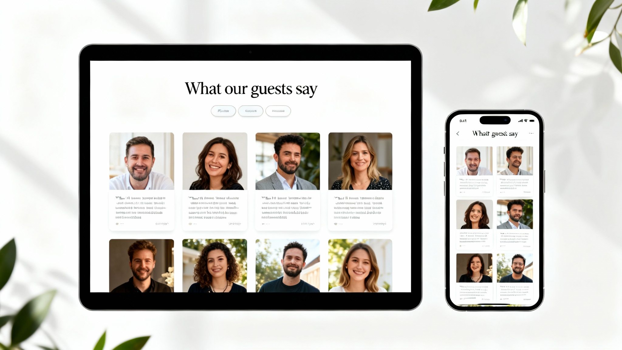 A tablet and smartphone displaying a responsive 'What our guests say' section with customer testimonials.