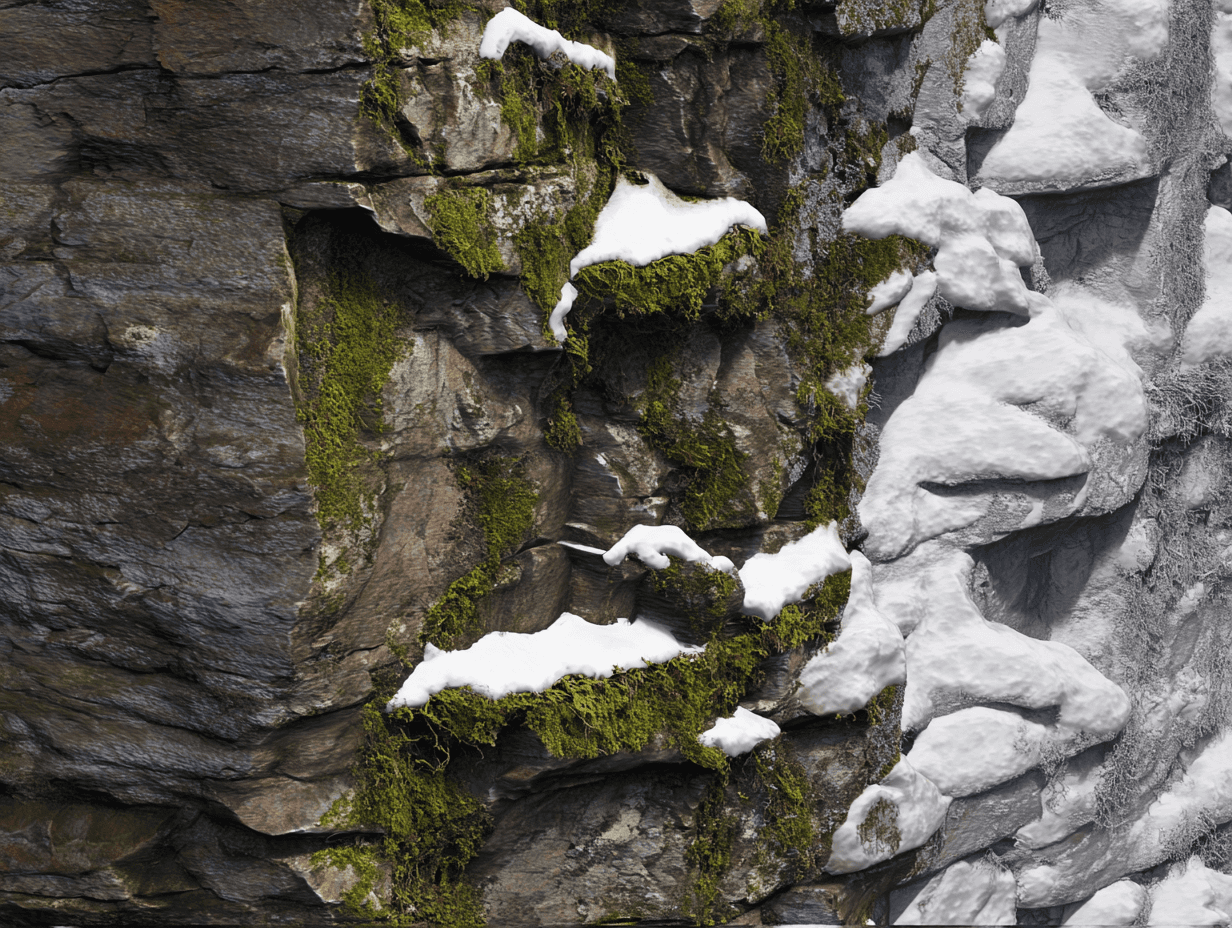 Close-up study of a rock wall mid-transition, where organic growth gradually yields to applied snow forms.