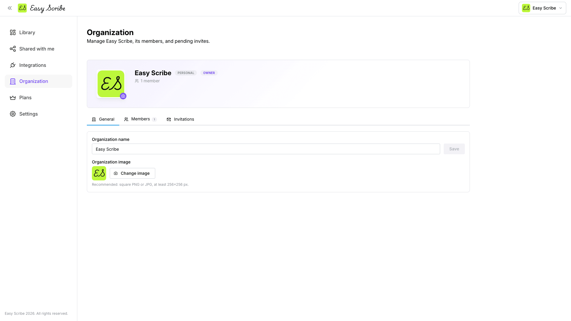 Easy Scribe organization settings page