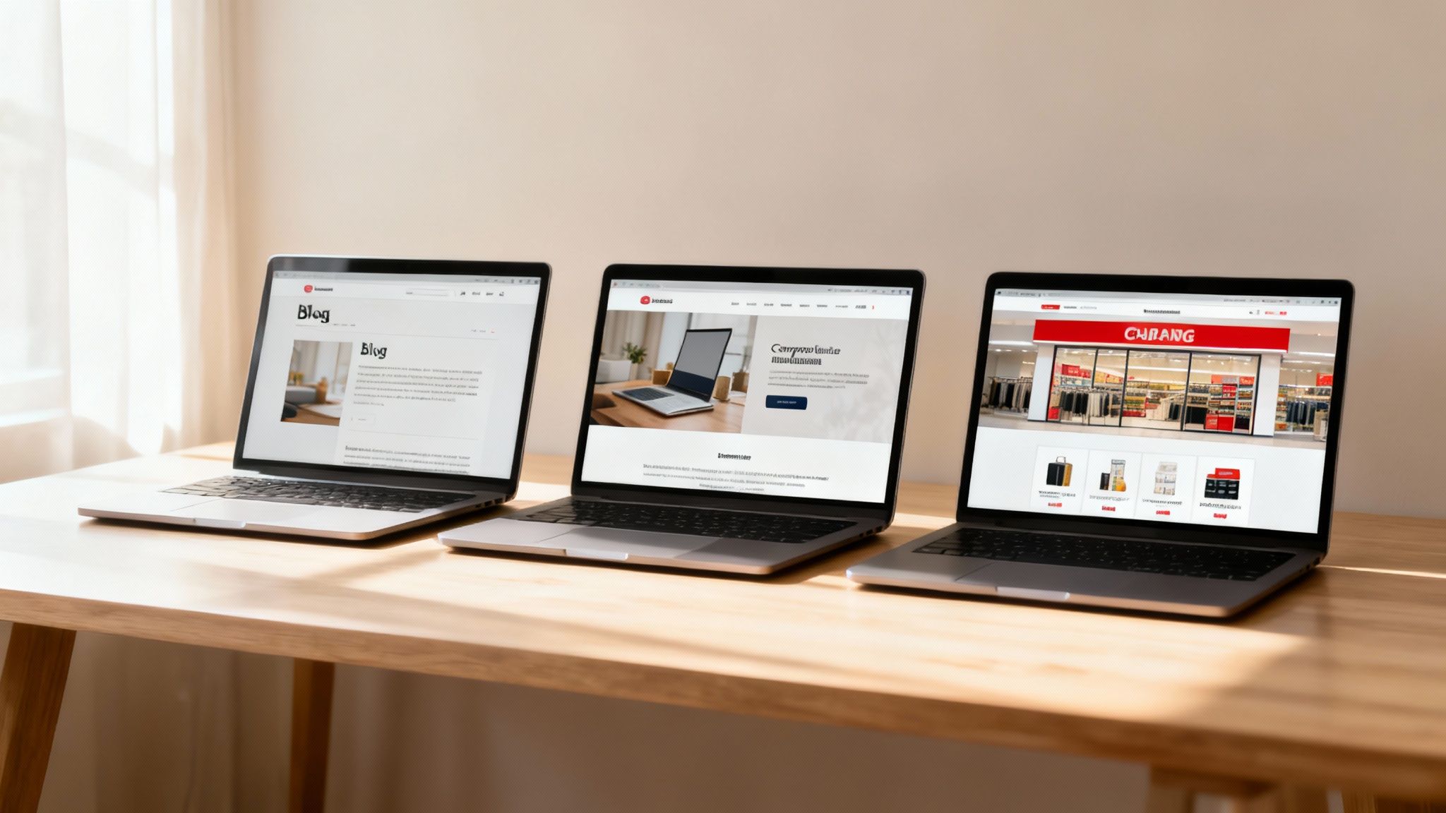 A split-screen image showing a simple portfolio website on one side and a complex e-commerce website on the other, illustrating the difference in complexity.