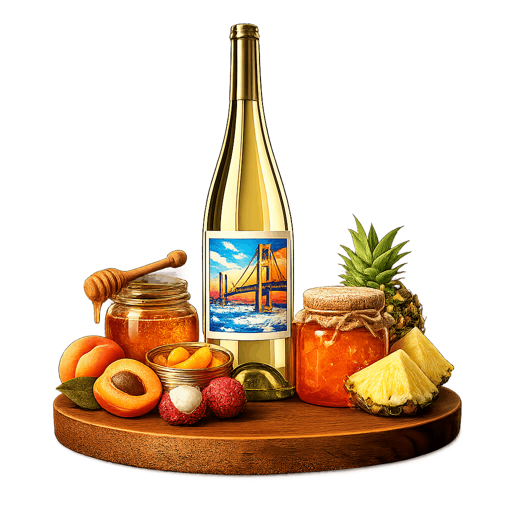 Artistic label and flavor profile for Michigan Ice Wine on a rustic wooden table.