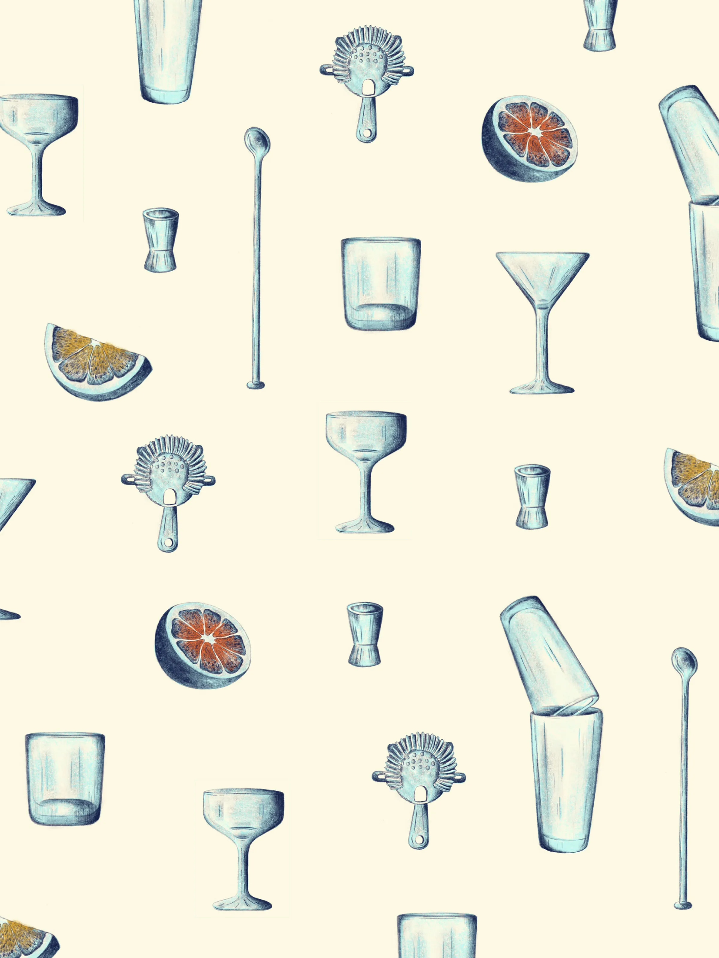 Hand-drawn illustration pattern of bar tools and glassware used in the Small Bar menu
