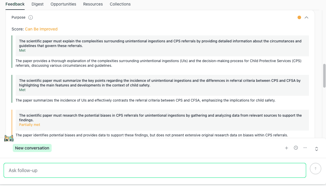 thesify Feedback tab displaying the Purpose rubric for a scientific paper on CPS referrals and unintentional ingestions, with several criteria marked as met or partially met.