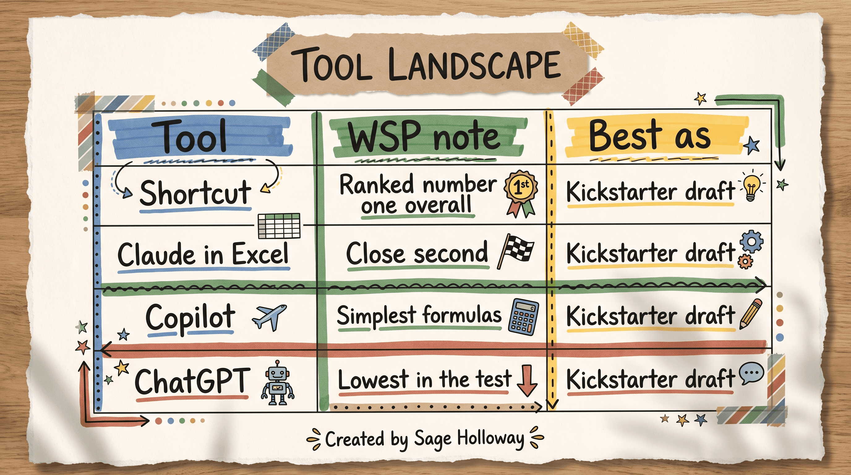 Table comparing Shortcut, Claude in Excel, Copilot, and ChatGPT as AI financial modeling kickstarters
