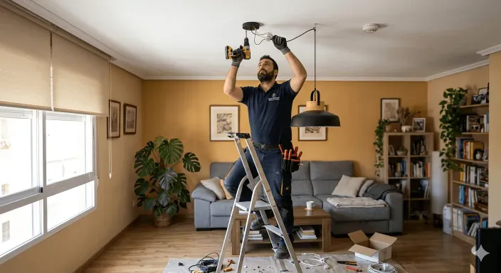 Servicio de bricolaje del seguro de hogar montando una lámpara y realizando pequeñas reparaciones domésticas.