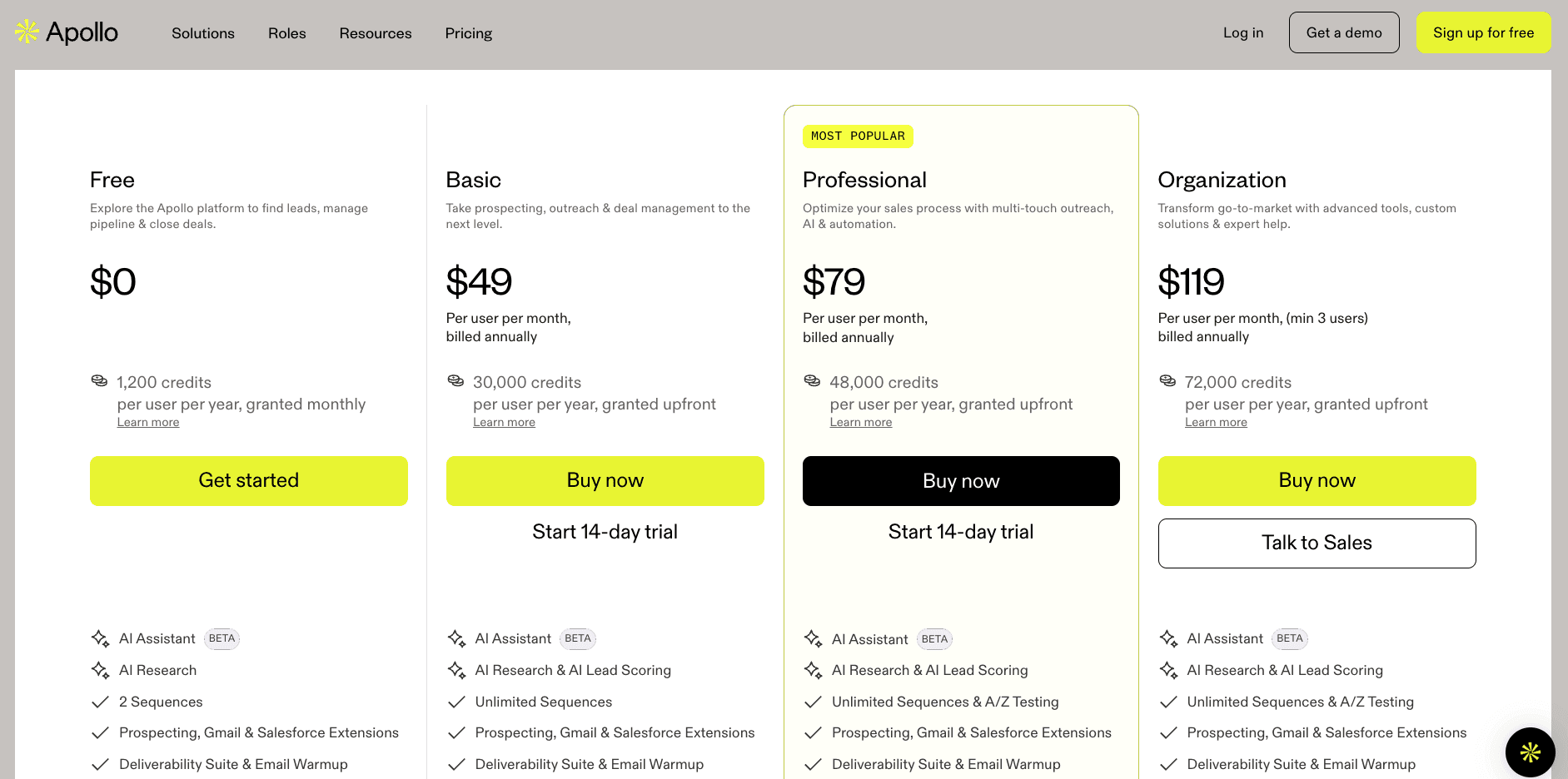 Apollo.io pricing page