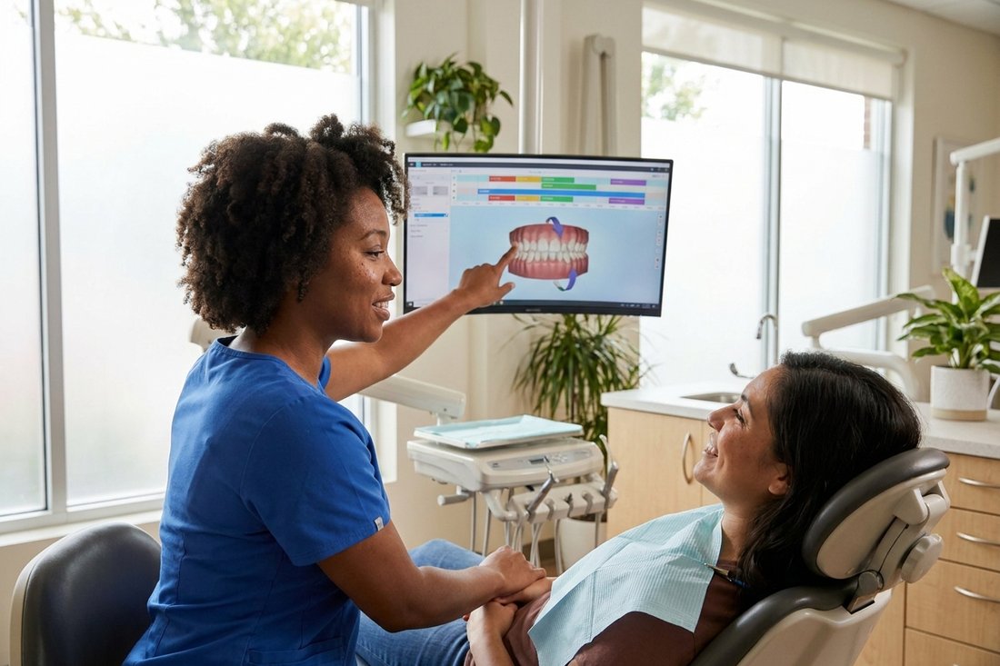 Dentist reviewing a digital Invisalign treatment plan on a monitor with a patient