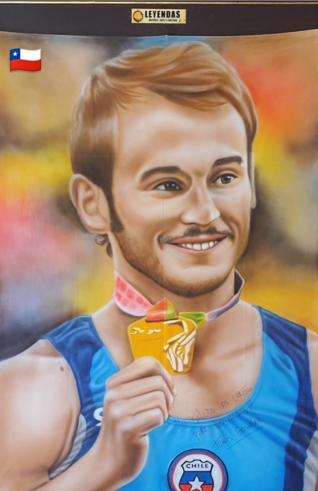 Pintura de Tomás González, gimnasta chileno de élite, parte de la exposición Leyendas del Deporte.