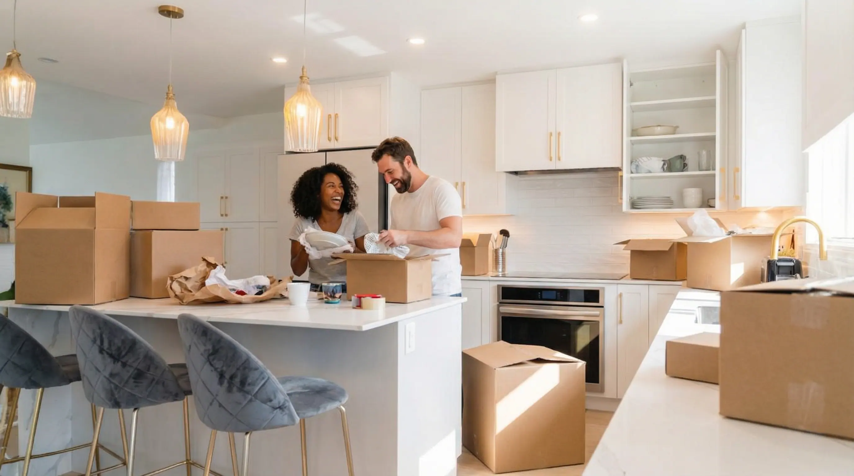 Couple moving into their completed custom home in Vancouver after construction with boxes in a modern kitchen