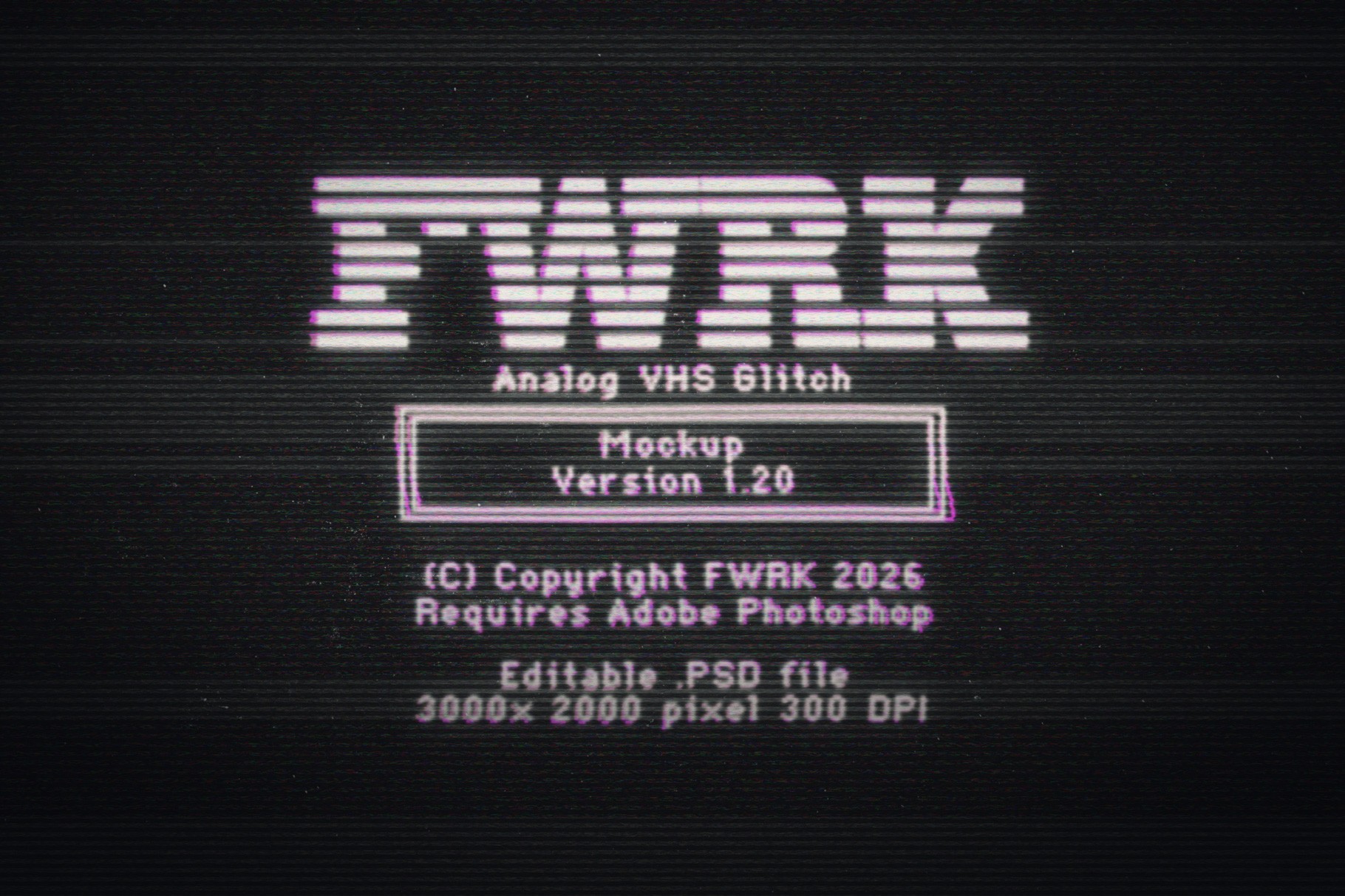 Analog VHS Glitch Mockup displaying technical file information in a flickering purple and white vintage screen style