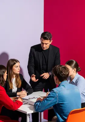 A business leader in a black suit stands and gestures as he leads a team of four diverse professionals in a collaborative meeting, planning and organizing around a small white table against a two-tone pink and red background, embodying entrepreneurship and corporate teamwork.