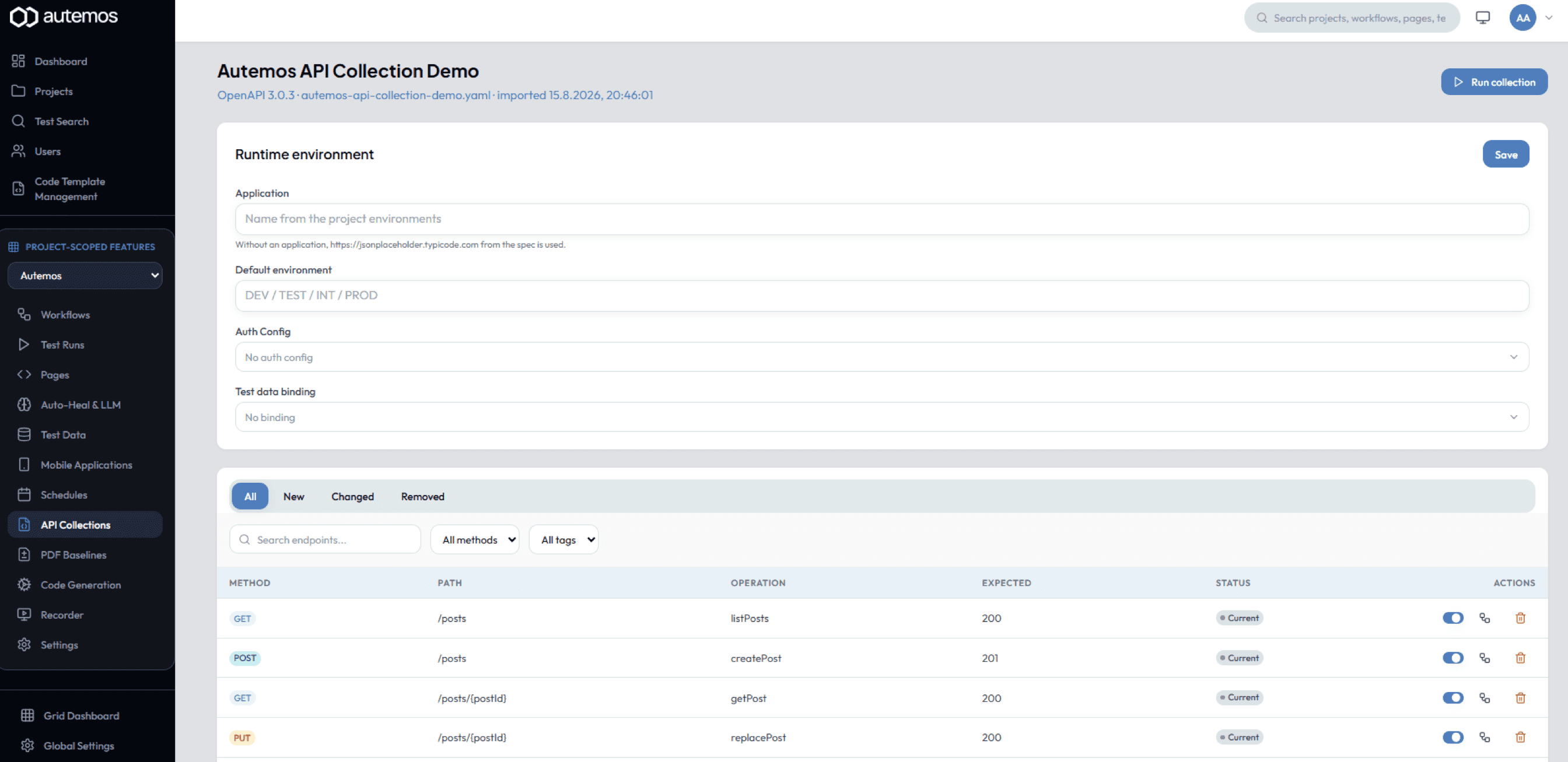 API Collection in Autemos with imported OpenAPI endpoints, methods and expected status codes
