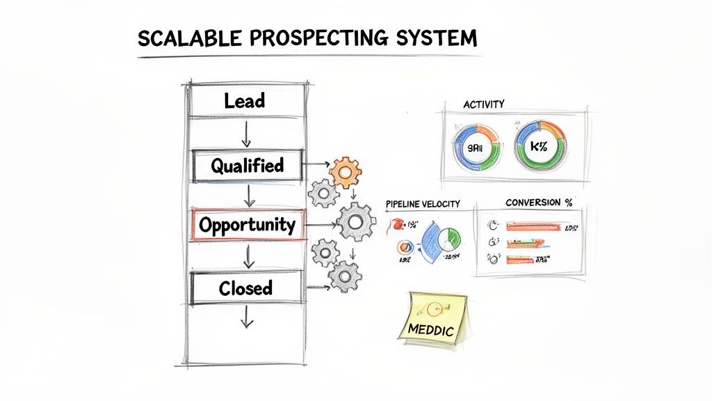 A hand-drawn diagram illustrating a scalable prospecting system, including a sales pipeline from lead to closed, with associated metrics and the MEDDIC framework.