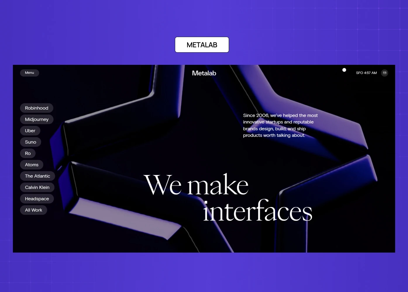Metalab agency homepage with dark theme, showcasing product design expertise and client work. 