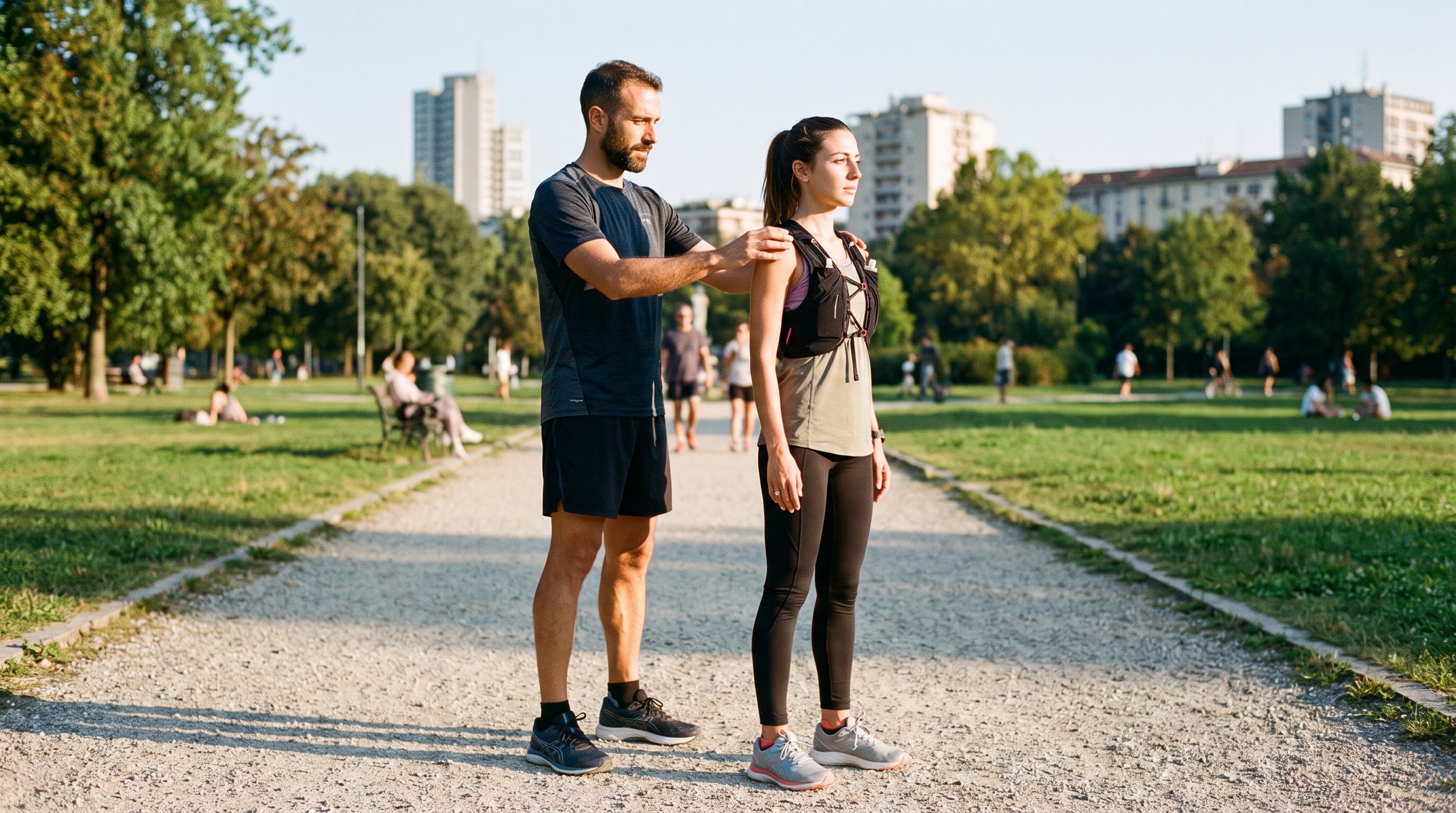 istruttore running corregge postura atleta durante sessione outdoor
