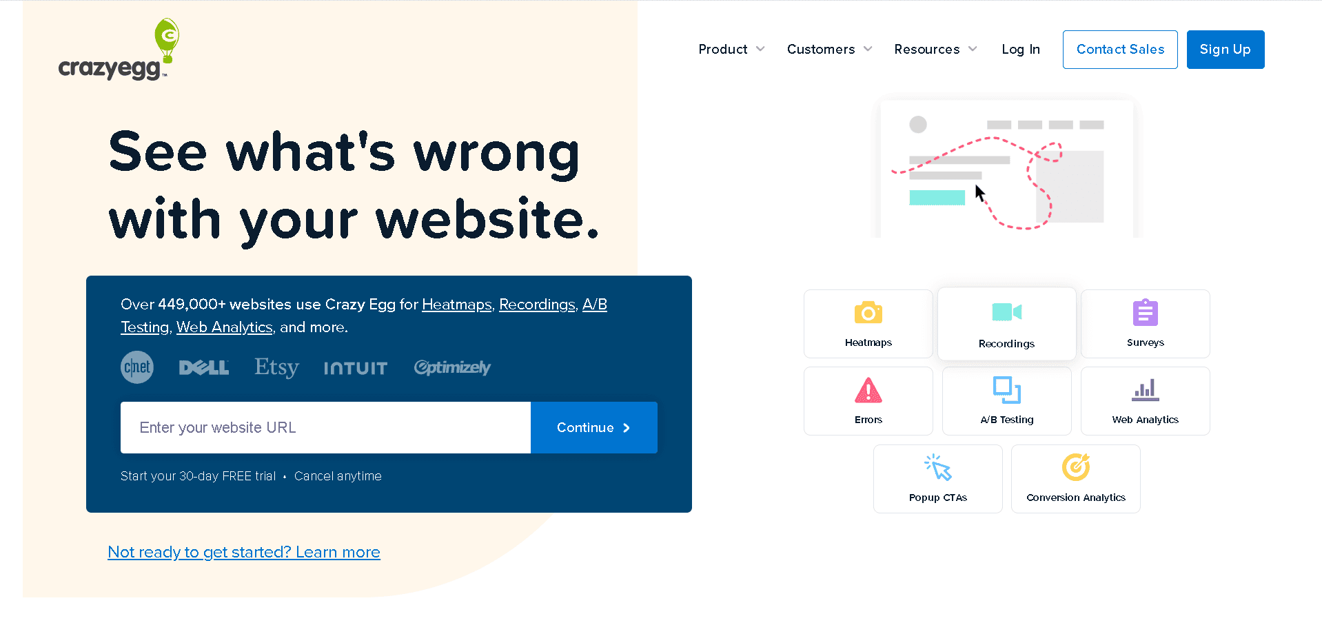 Crazy Egg website optimization platform showcasing heatmaps, session recordings, A/B testing, traffic analysis, and conversion analytics.