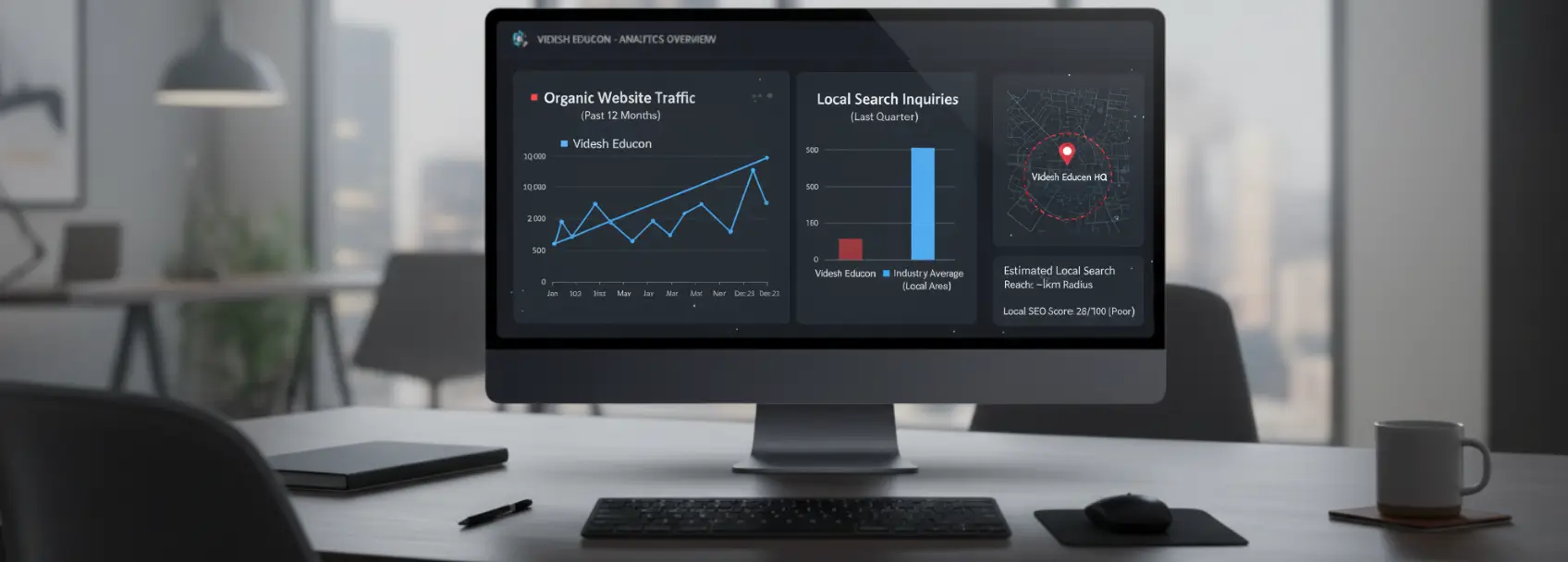 Videsh Educon digital marketing analytics overview dashboard showing organic  website traffic growth over 12 months, local search inquiries analysis, and  estimated local search reach visualization, demonstrating comprehensive data-driven  marketing strategy for study abroad consultancy by Mahendra, digital marketing specialist