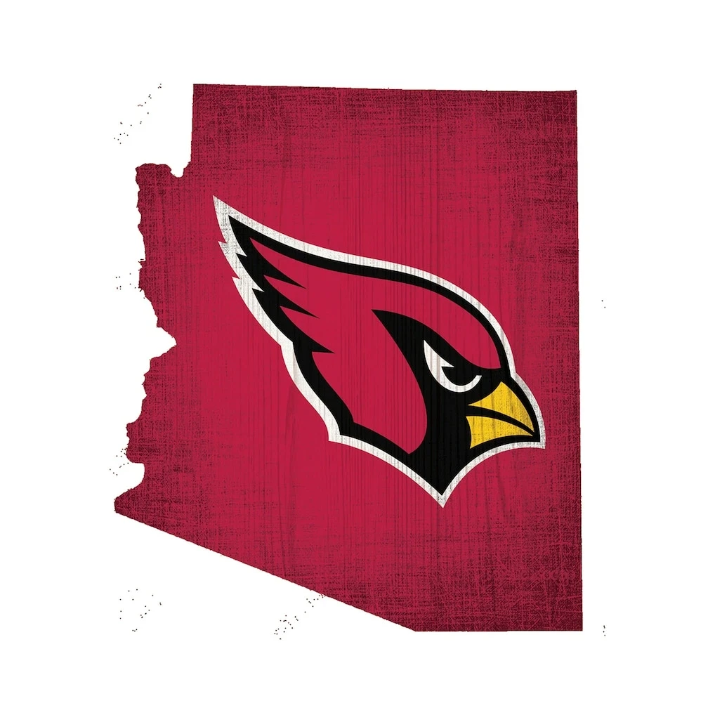 Arizona Cardinals logo centered over a textured red silhouette of the state of Arizona on a light gray background.