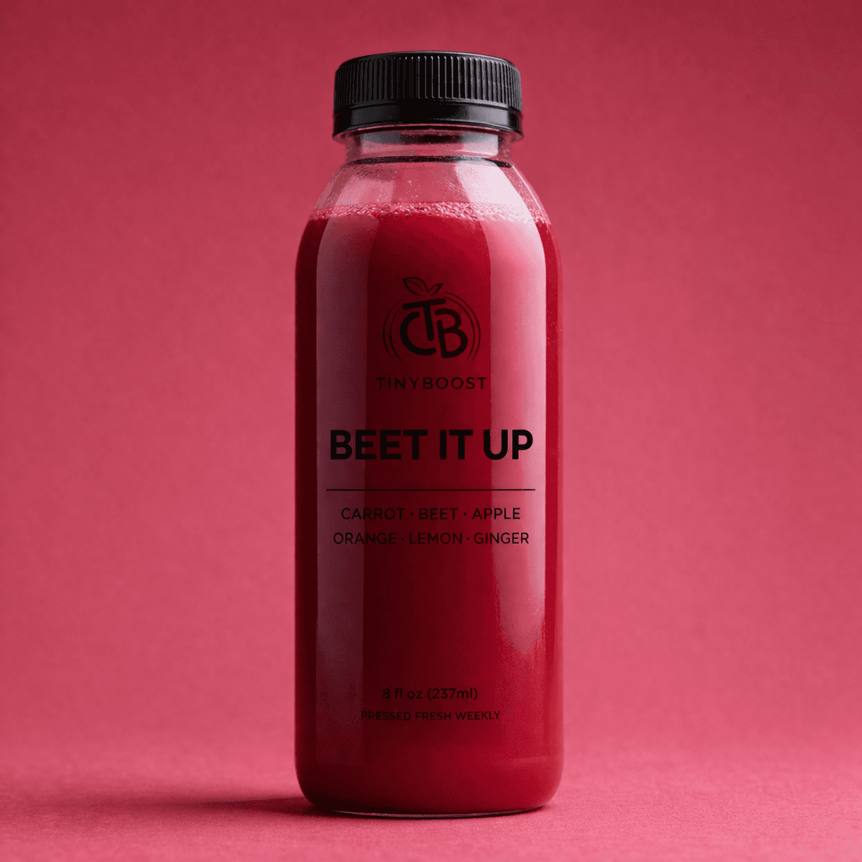 Beet It Up red cold-pressed juice bottle by TinyBoost.