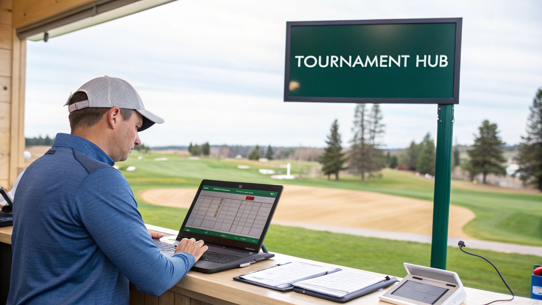 A man in a cap using a laptop at a golf course tournament hub, managing an event.